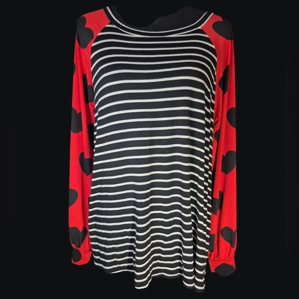 Now N Forever Black & White Stripe Red Heart Sleeve Knit Top - Size Medium